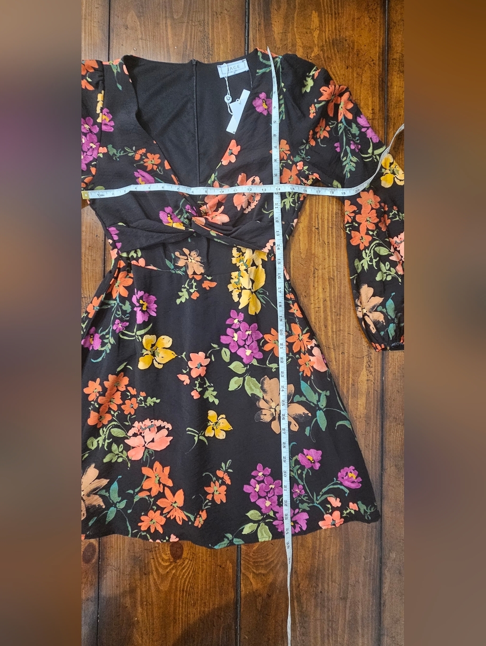 Sage Black Floral Tie-Waist Mini Dress with Pink/Orange/Yellow Blooms Women's XS - Picture 5 of 6